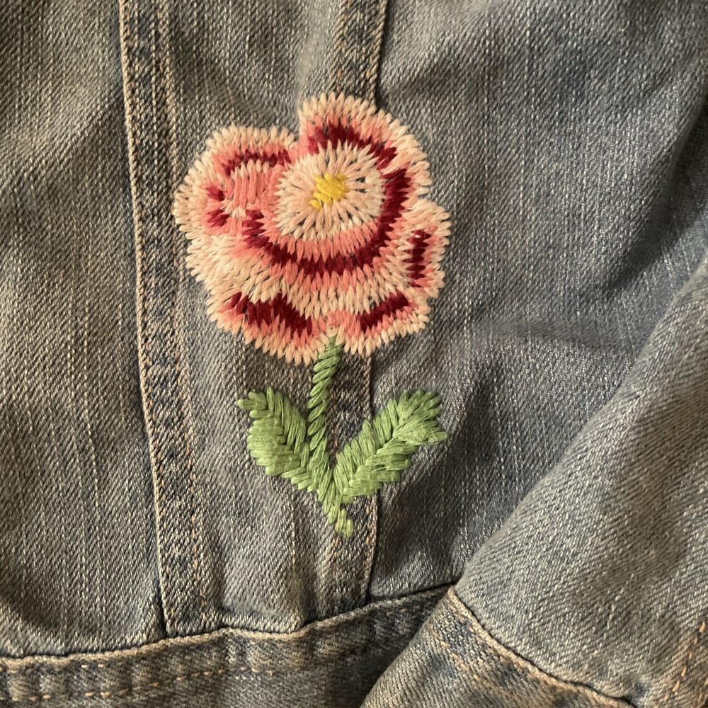 Place XL 14 Girls Jean Jacket Embroidered Butterfly Bee Bird Flowers - Picture 6 of 14